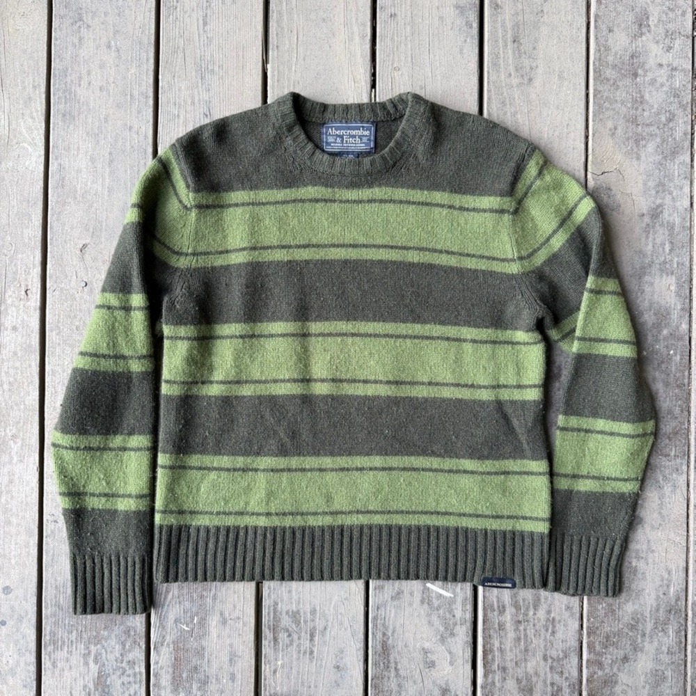 Abercrombie & Fitch Vintage Green Striped Wool Blend Knit Crewneck Sweater XL